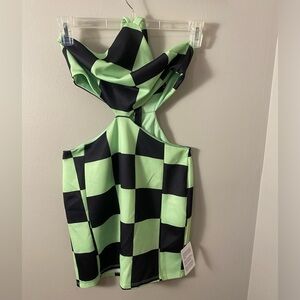 Checkered Green and Black Halter Dress